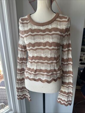 HIPPIE ROSE Crochet Cream Tan Striped Lightweight Knit Sweater Boho Size Small